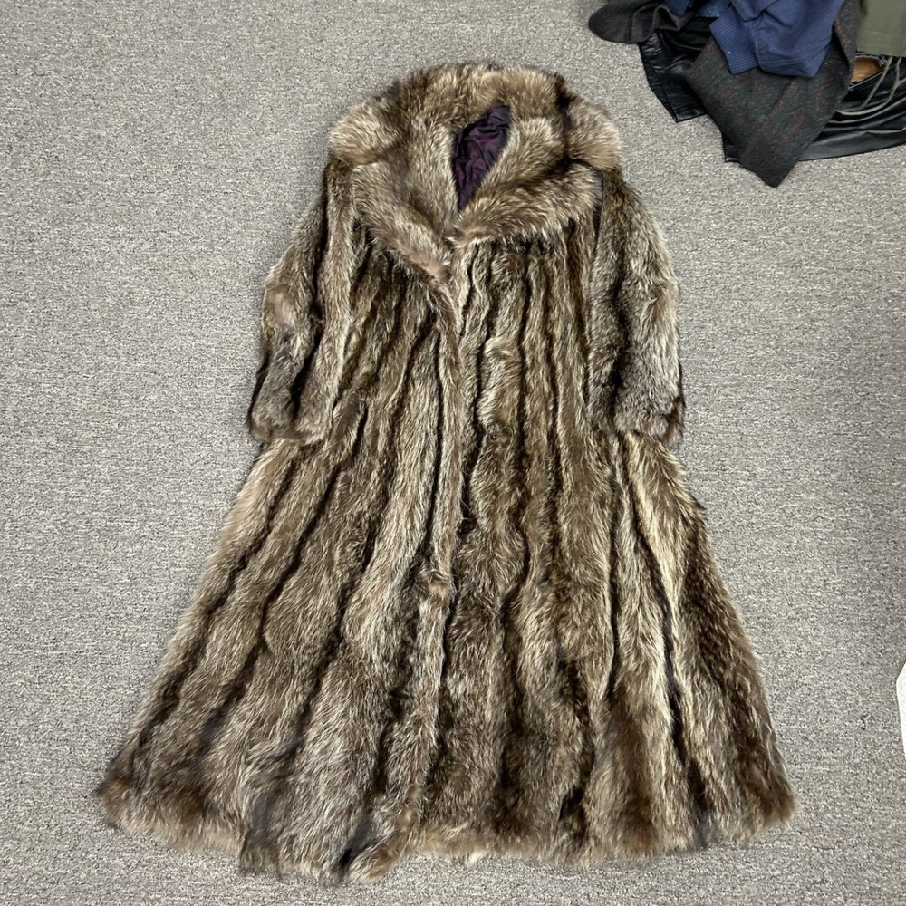 Unbranded Faux Fur Coat Womens Large Brown Long Vintage Belted Monogram Lining